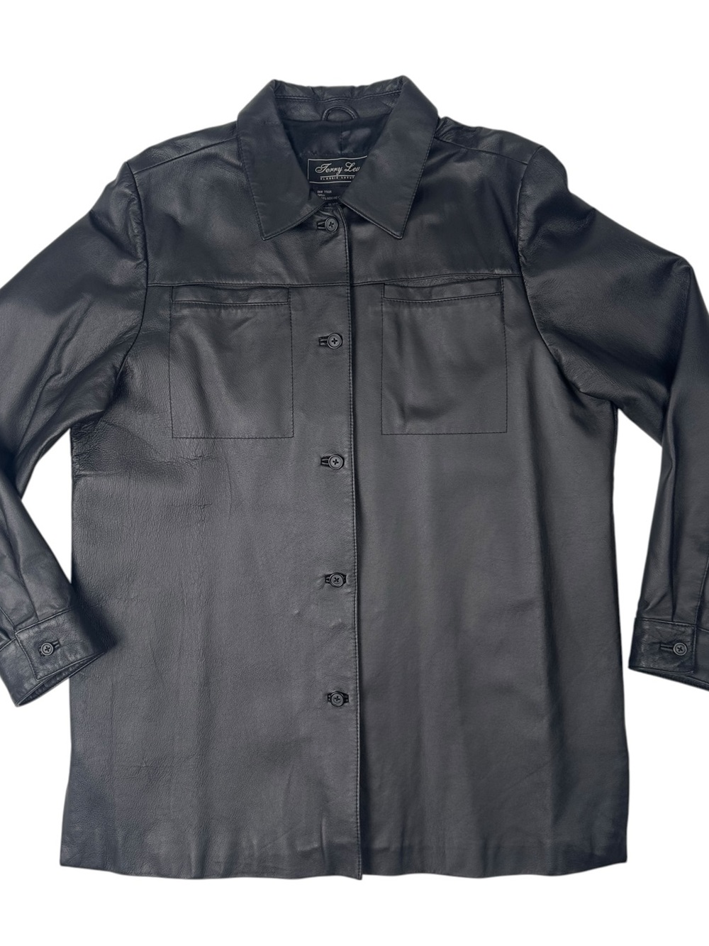 VTG Y2K 90s Terry Lewis Black Leather Shirt Jacket Shacket Women Size M Coat